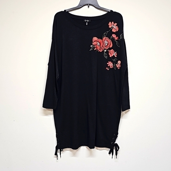 Jessica Simpson floral embroider sweatshirt tunic dress black coral lace up side - Picture 1 of 10